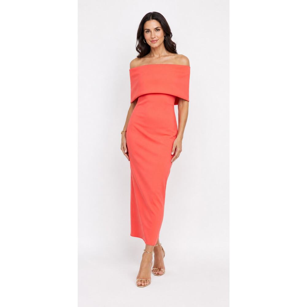 Asos Deep Bardot Scuba Midi Dress Cape Back Detail Orange Womens Size 6 New